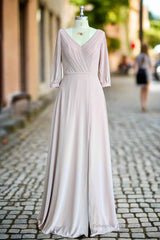 Deep V-neck 1/2 Sleeves Chiffon Max Dresses Side-Slit Floor-Length Bridesmaid Dress