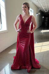 Deep V Neck Mermaid Burgundy Sparkly Sequins Long Prom Dress