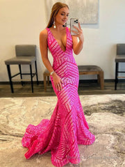 Deep V Neck Pink Sequins Mermaid Long Prom Dress