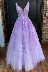 Deep V Neck Purple Lace Long Prom Dresses, Purple Lace Formal Dresses, Purple Evening Dresses