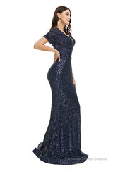 Deep V Neck sleeveless Sparkly Sequin Fishtail Prom Dresses