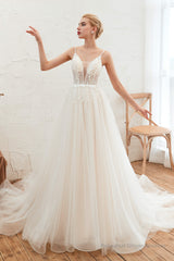 Deep V See Through Neck Bridal Dresses Spaghetti Straps Fairy Tulle Wedding Gowns