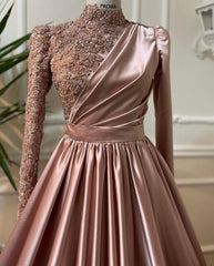 Rose Gold Silver Prom Dress, Long Sleeves Dubai Evening Dresses, Muslim Women Wedding Party Gowns 2025 Elegant Silver Grey Arabic Engagement