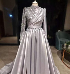 Rose Gold Silver Prom Dress, Long Sleeves Dubai Evening Dresses, Muslim Women Wedding Party Gowns 2025 Elegant Silver Grey Arabic Engagement