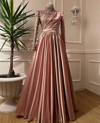 Rose Gold Silver Prom Dress, Long Sleeves Dubai Evening Dresses, Muslim Women Wedding Party Gowns 2025 Elegant Silver Grey Arabic Engagement