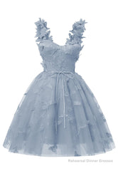 Dusty Blue 3D Butterfly Lace Applique Tulle Homecoming Dress for Teens Sweetheart Mini Short Prom Dresses