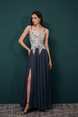 A-line Spaghetti Straps Side Split Long Prom Dresses