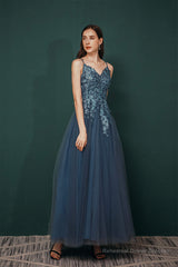 Dusty Blue Tulle A-line Low back Spaghetti strap Prom Dresses