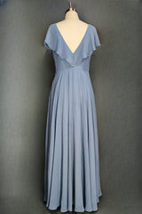 Dusty Blue V-Neck Chiffon Bridesmaid Dresses Backless Ruffled Split for Teens A-Line Long Bridesmaid Dress