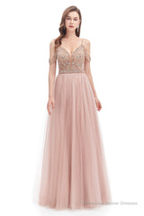 Dusty Pink Crystal Sparkle Starry Prom Dresses with Straps Backless