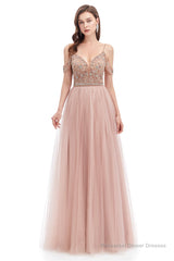 Dusty Pink Crystal Sparkle Starry Prom Dresses with Straps Backless