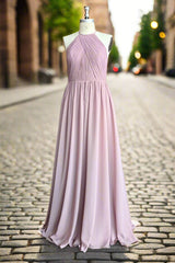 Dusty Rose Halter Keyhole Lace Long Bridesmaid Dresses