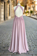 Dusty Rose Halter Keyhole Lace Long Bridesmaid Dresses