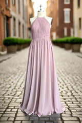 Dusty Rose Halter Keyhole Lace Long Bridesmaid Dresses