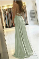 Dusty Sage Spaghetti-Straps Long Prom Dress With Slit Online