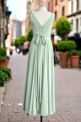 Dusty Sage V Neck Long Chiffon Bridesmaid Dress with Bow