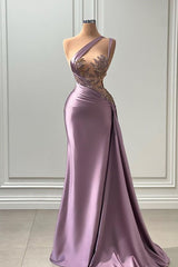 One shoulder Lavender A-line Satin Long Prom Dresses