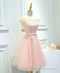 Pink Lace Tulle Short Prom Dress, Pink Evening Dress