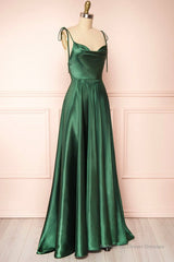 Elegant Backless Green Satin Long Prom Dresses, Backless Green Formal Graduation Evening Dress