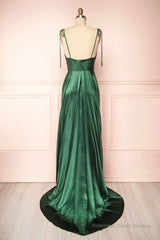 Elegant Backless Green Satin Long Prom Dresses, Backless Green Formal Graduation Evening Dress