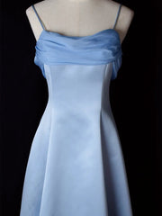 Elegant Blue Satin Spaghetti Straps Evening Gown A Line Long Party Dress Prom Dress