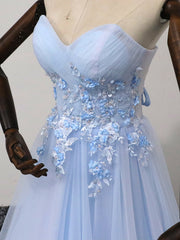 Elegant Blue Tulle Sweetheart Party Dress Formal Dress, Blue Lace Applique Prom Dress 2025