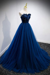 Elegant Blue Velvet And Tulle Long Prom Dress Strapless