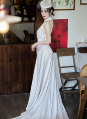 Elegant Lace and Satin Halter Long Wedding Party Dress, Long Formal Gowns