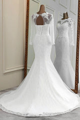 Elegant Long Mermaid Tulle Jewel Wedding Dress with Sleeves