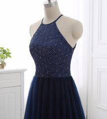 Elegant Navy Blue Halter Beaded Long Evening Dress, Prom Dress