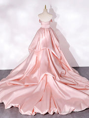 Elegant Pink A Line Strapless Appliques Satin Evening Dress Prom Dress