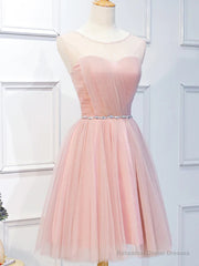 Elegant Short Pink Tulle Prom Dresses, Short Pink Tulle Formal Homecoming Dresses