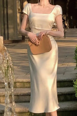 Elegant Square Neck Long Party Dress Beige Satin Mermiad Prom Evening Dress