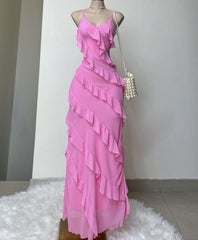 Elegant Straps Sheath Chiffon Formal Prom Dress Pink Ruffles Long Party Dress