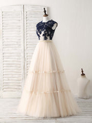 Elegant Tulle Lace Applique Long Prom Dress Tulle Evening Dress