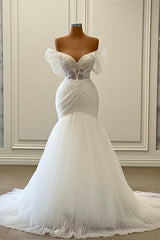 Elegant White Long Mermaid Off the Shoulder Tulle Lace Wedding Dresses