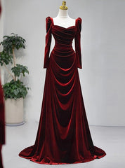 Elegant Wine Red Velvet Long Sleeves Formal Dress, Formal Wedding Party Dress