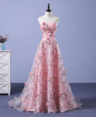 Pink Tulle 3D Flowers Long Prom Dress, Pink Evening Dress