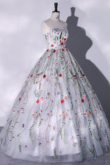 Silver Grey Strapless Ball Gown Prom Dress Floral Floor Length Quinceanera Dress