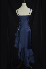 Dark Blue Vintage Floral Elegant Dress Asymmetrical Hem Prom Gown