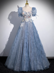 Fancy Blue Tulle Puff Sleeve Flower Prom Dress