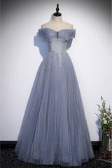 Fantasy Dusty Blue Bling Tulle Prom Dress Off Shoulder With Bling