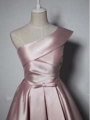 Fashionable Pink Knee Length Satin Short Prom Dress, One Shoulder Bridesmaid Dress