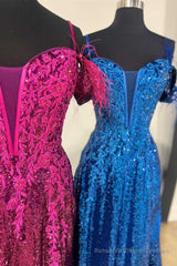 Feathered Cold Shoulder Sequin Long Prom Dress with Appliques