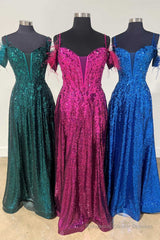 Feathered Cold Shoulder Sequin Long Prom Dress with Appliques