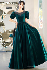 Green satin long prom dress A-line evening dress