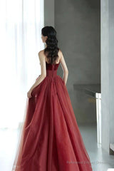 Burgundy tulle sequins long prom dress evening dress