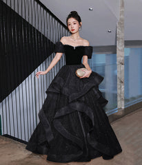 Black Velvet Tulle Long Prom Dress, Black Evening Dress Party Dress