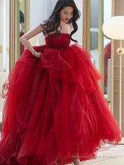 Red tulle long A line prom dress red evening dress