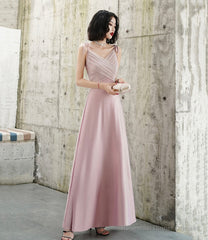 Pink V-neck long prom dress A-line evening dress